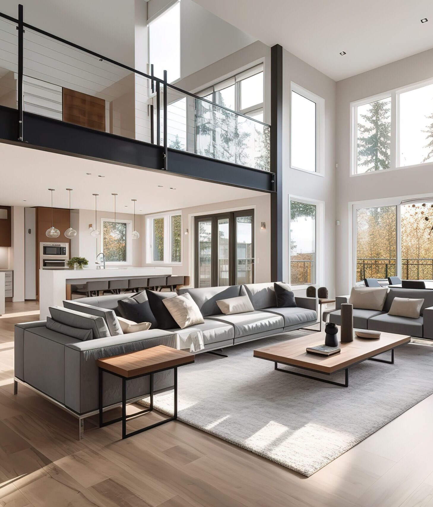 Beautiful living room interior in new luxury home with open concept floor plan. Shows kitchen, dining room, and wall of windows with amazing exterior, Generative AI.